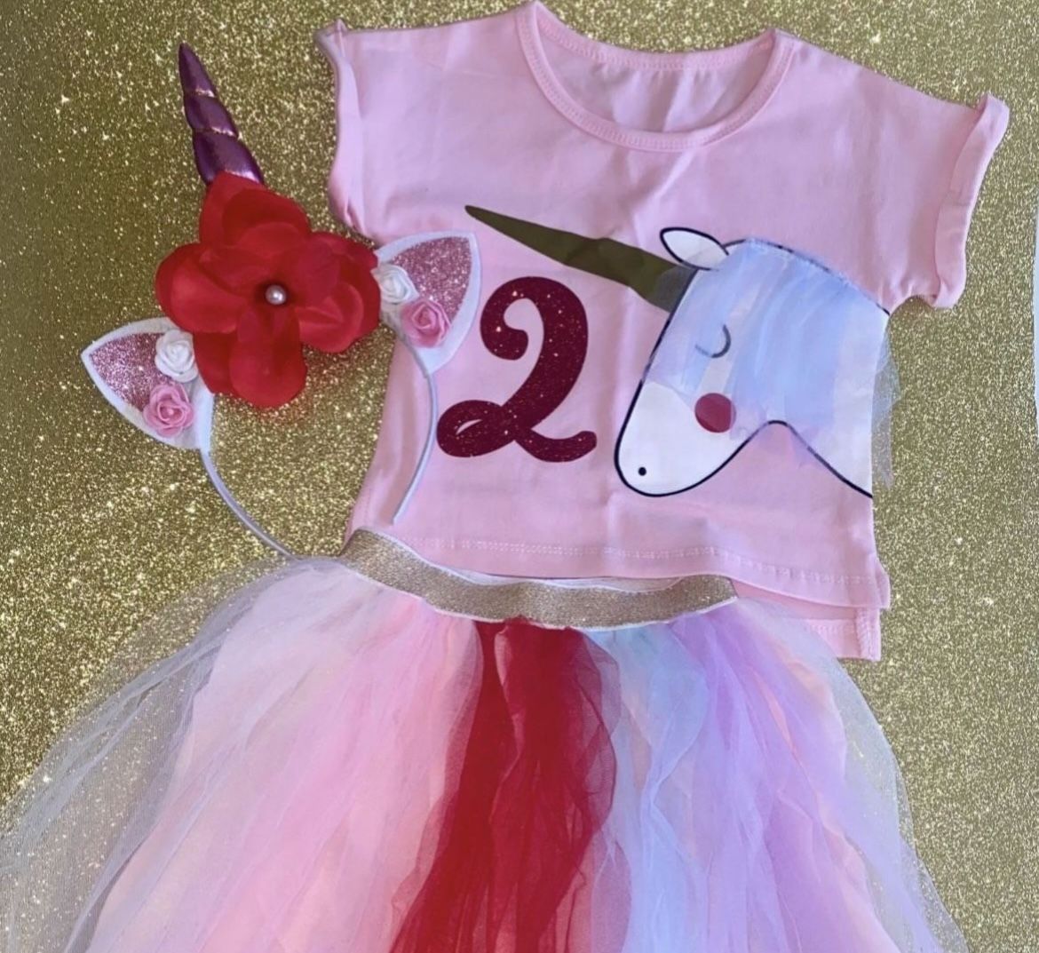 2T Personalized Red, Pink, Gold & Purple Unicorn 2nd Birthday Outfit: Shirt, Tutu, & Headband Horn