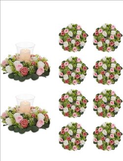 Flower Wedding Centerpieces for Tables: 10 Pcs 14 inch Diam Large Dusty Rose & White Artificial Flowers Fake Roses Candle Rings Wreaths Spring Summer 