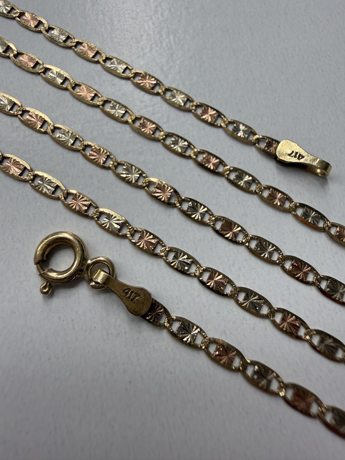 Real 10k Trio Yellow White Rose Gold Diamond Cut Valentino Link Chain Necklace 20” Inches Long 2mm Wide
