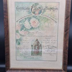 Antique Wood/Glass Framed Certificate Of Baptism, 1917