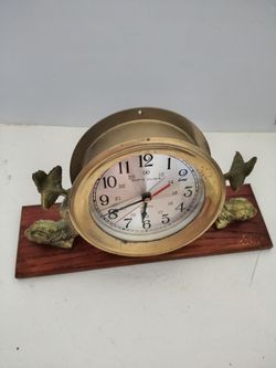 Brass Ship's Clock on Wood Base  Brass  Dolphins Heavy 10 lbs