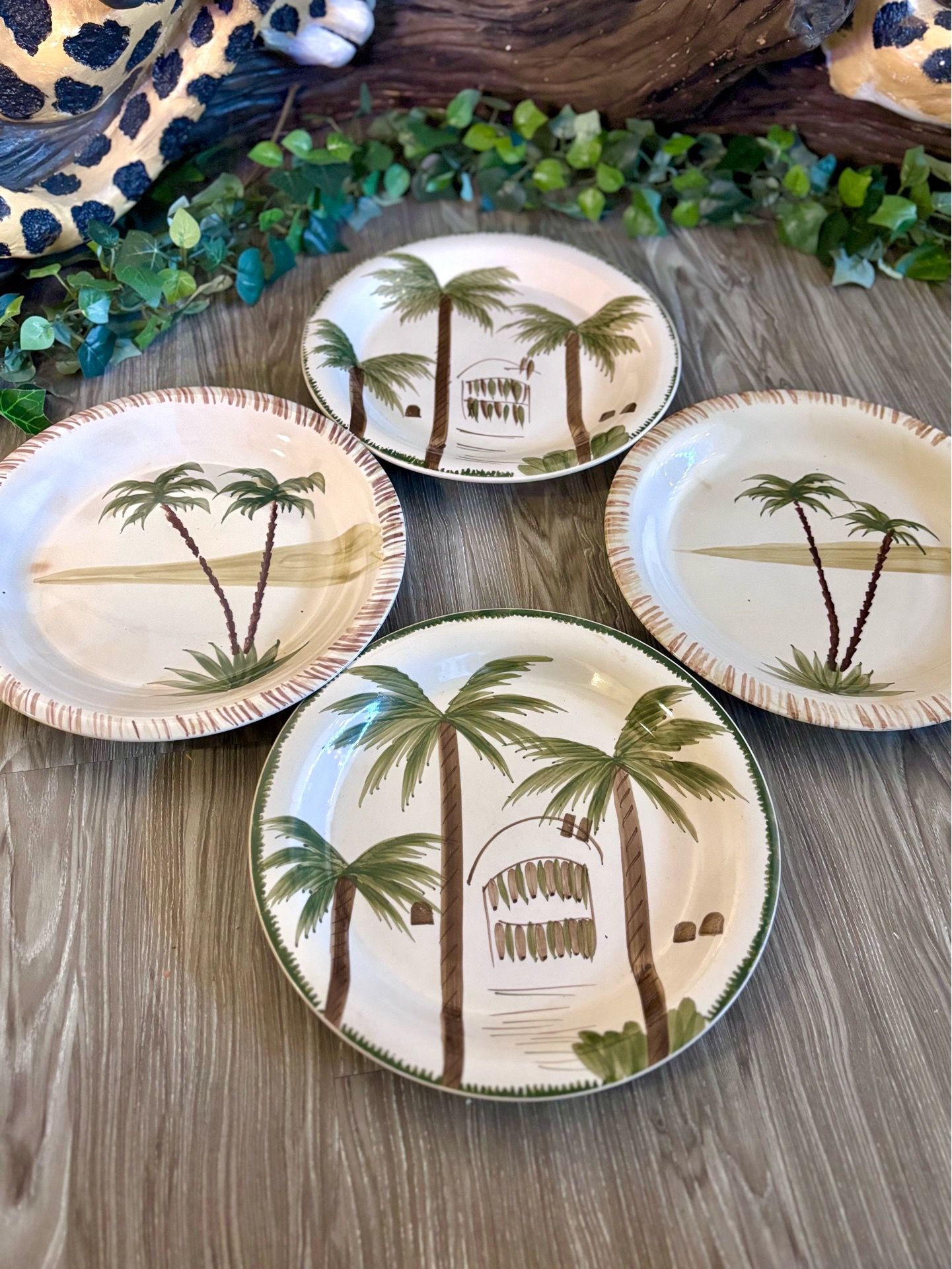 Tropical Palm Tree Plates Set of 4 Coastal Decor