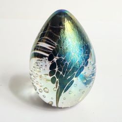 MSH 1990 Iridescent Art Glass Egg Paperweight Signed