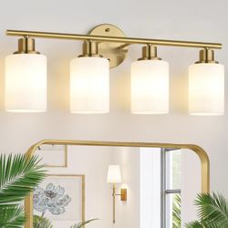 Zarbitta 4-Light Bathroom Light Fixtures, Brushed Gold Modern Vanity Lights With Milky White Frosted Glass Shades, Bathroom Wall Lamp For Mirror Kitch