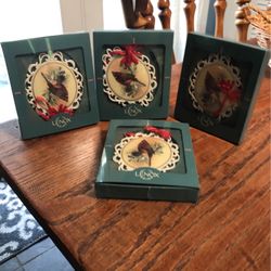 4 Cardinal Cameo Red Bird Christmas Ornaments 