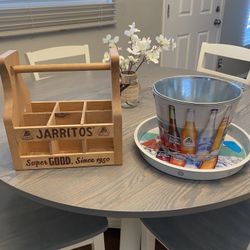 Jarritos Items: Tin Cooler With Serving Tray And Wooden Bottle Holder 