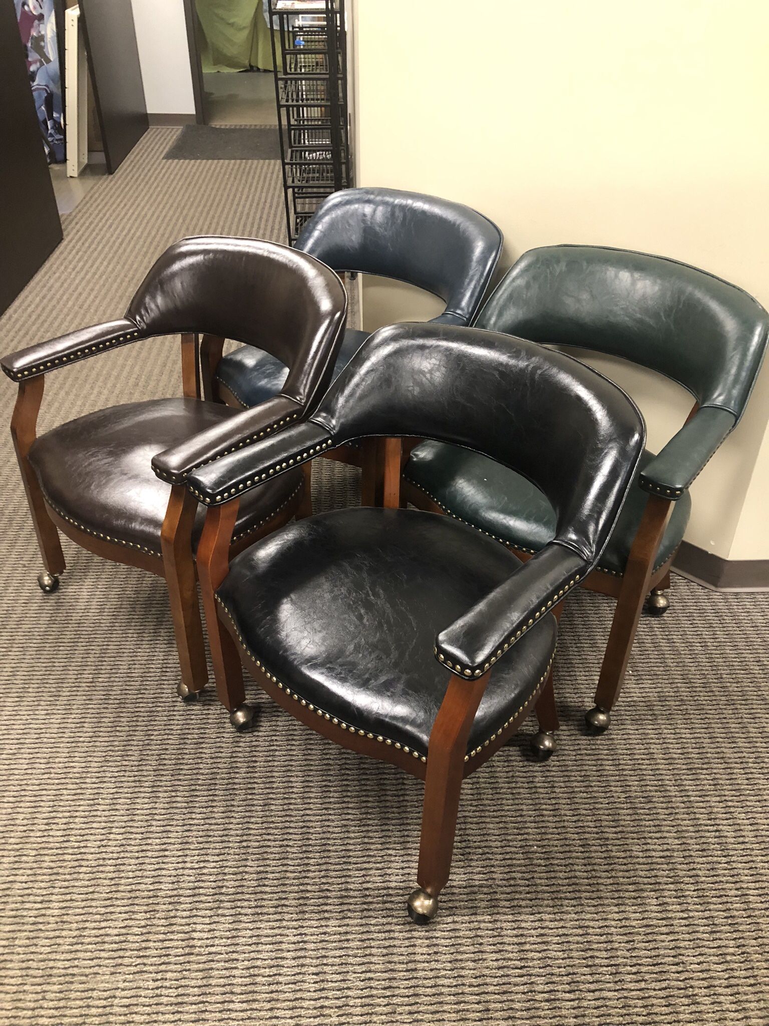 Solid Wood And Leather Rolling Chairs - BRAND NEW - Multiple Units In 4 Colors