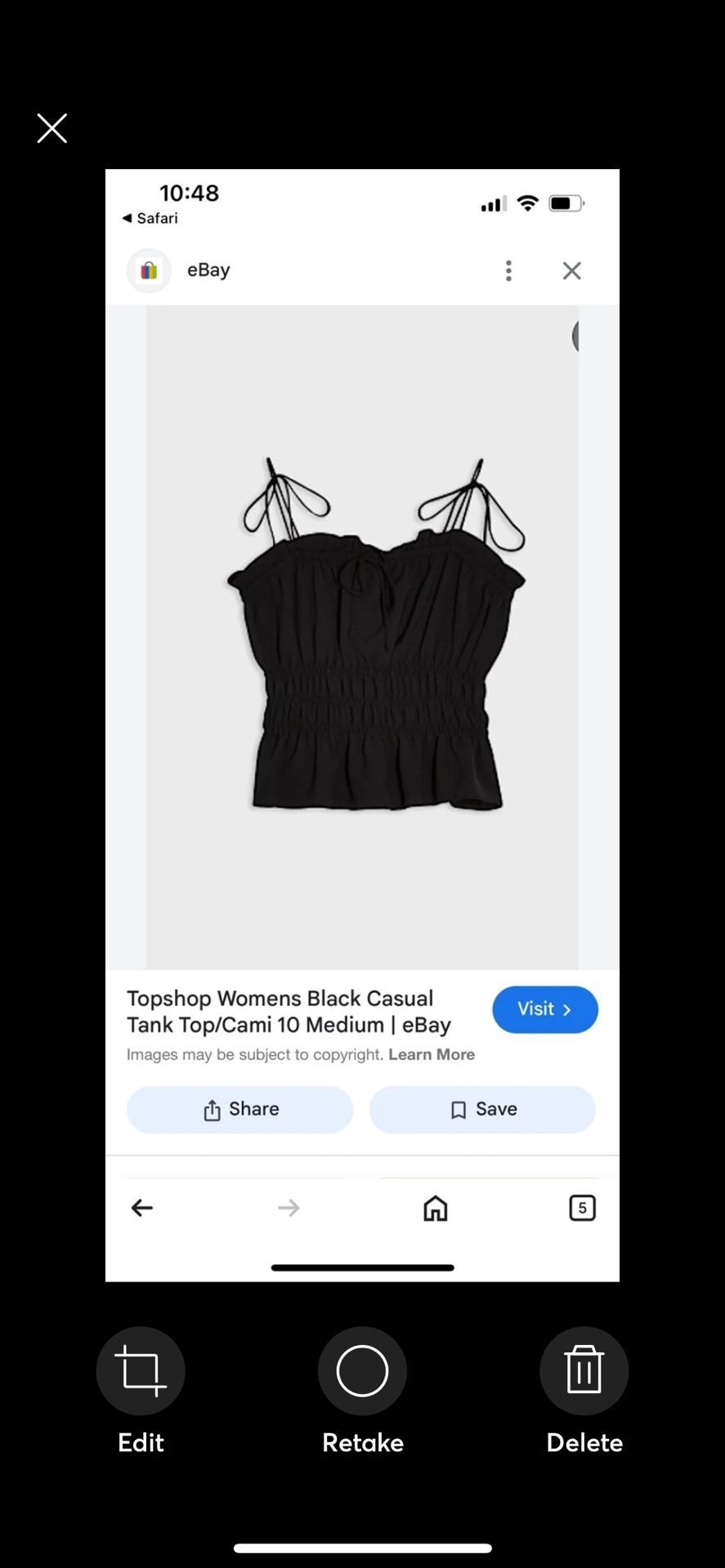 TopShop black spaghetti strap Coquette milkmaid cami top gathered waist