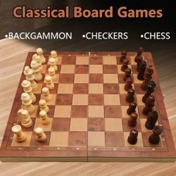 3 In 1 Wooden Chess, Checkers & Backgammon Set, Standard Edition, Portable & Foldable, Family Game Night