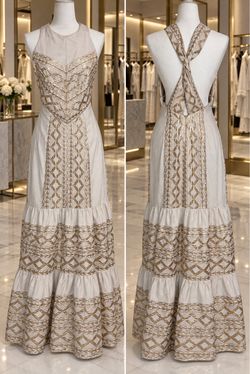 Cream and Gold Embroidered Halter Maxi Dress