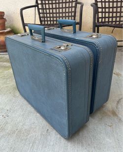 Pair of Vintage Monarch Blue Luggage Travel Cases w/Keys