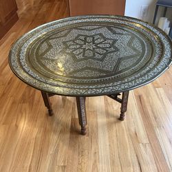 Vintage Moroccan Brass Tea/Coffee Table With Folding Hand Painted Legs