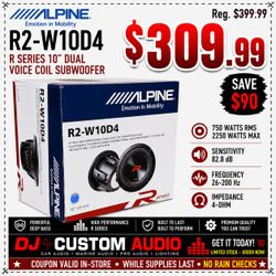 Alpine R Series 2250 Watt 10" Dual Voice Coil Subwoofer R2-W10D4 4-Ohm 🚨 Payment Options Available 🚨 No Credit Needed 🚨