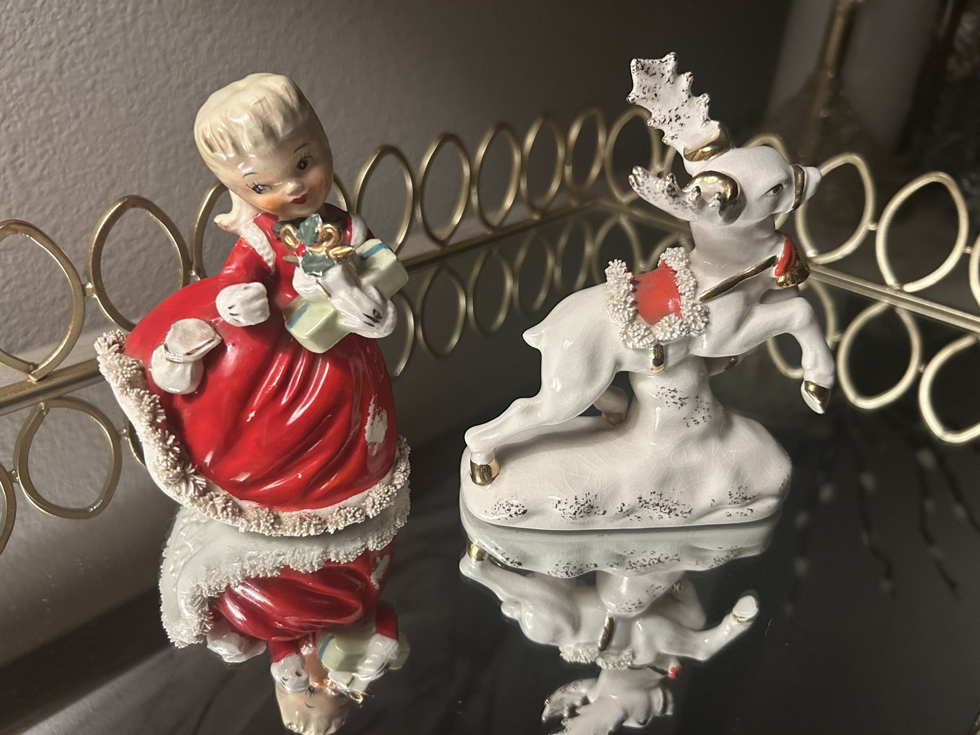 Vintage Napco Christmas Shopper Girl Figurine And Reindeer