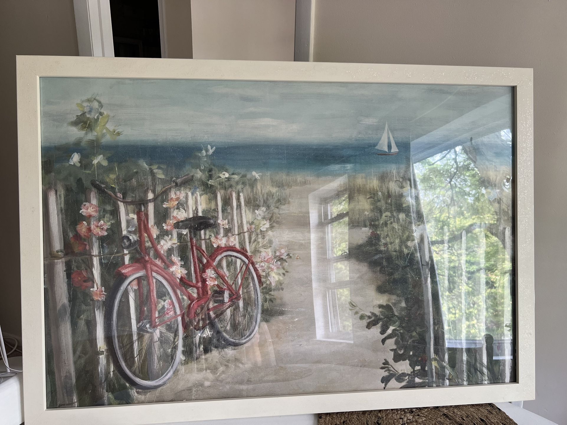 Vintage Bicycle by the Beach – Framed Wall Art, Coastal Style35x26