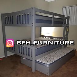 Full/Full/Twin Gray Wooden Bunkbed w. Ortho Mattresses Included 