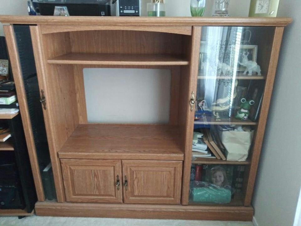 oak wood media console entertainment center TV storage stand glass door cabinet shelf unit