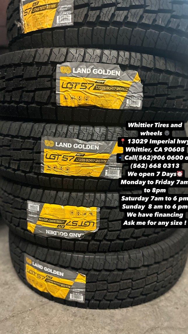 SET OF NEW TIRES, LT235/80R17 LANDGOLDEN AT , INCLUDING MOUNTING AND BALANCING. ASK ME FOR ANY SIZE OR BRAND, LLANTAS NUEVAS