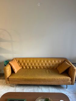 Mid-Century Tufted Sofa – Modern Rustic Justice Couch in Honey Tan