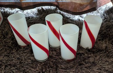 5 Piece Set Of milk Glass -Glasses With Red Swirl