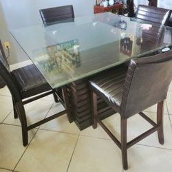 Glass Top Wood Base Dining Table With 4 Leather Chairs Set