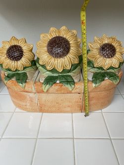 Sunflower kitchen cookie jar, 3 piece canister set, paper towel holder,  napkin holder, utensil holder and misc decor for Sale in Glendora, CA -  OfferUp