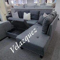 ✅️✅️3 pc charcoal linen like fabric sectional sofa drop down cup holder chaise and ottoman nail head trim ✅️