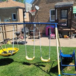 USED Sportspower Super Flyer Swing Set with 2 Flying Buddies, Saucer Swing, 2 Swings, Lifetime Warranty on Slide, and Great for Kids Aged 3-8