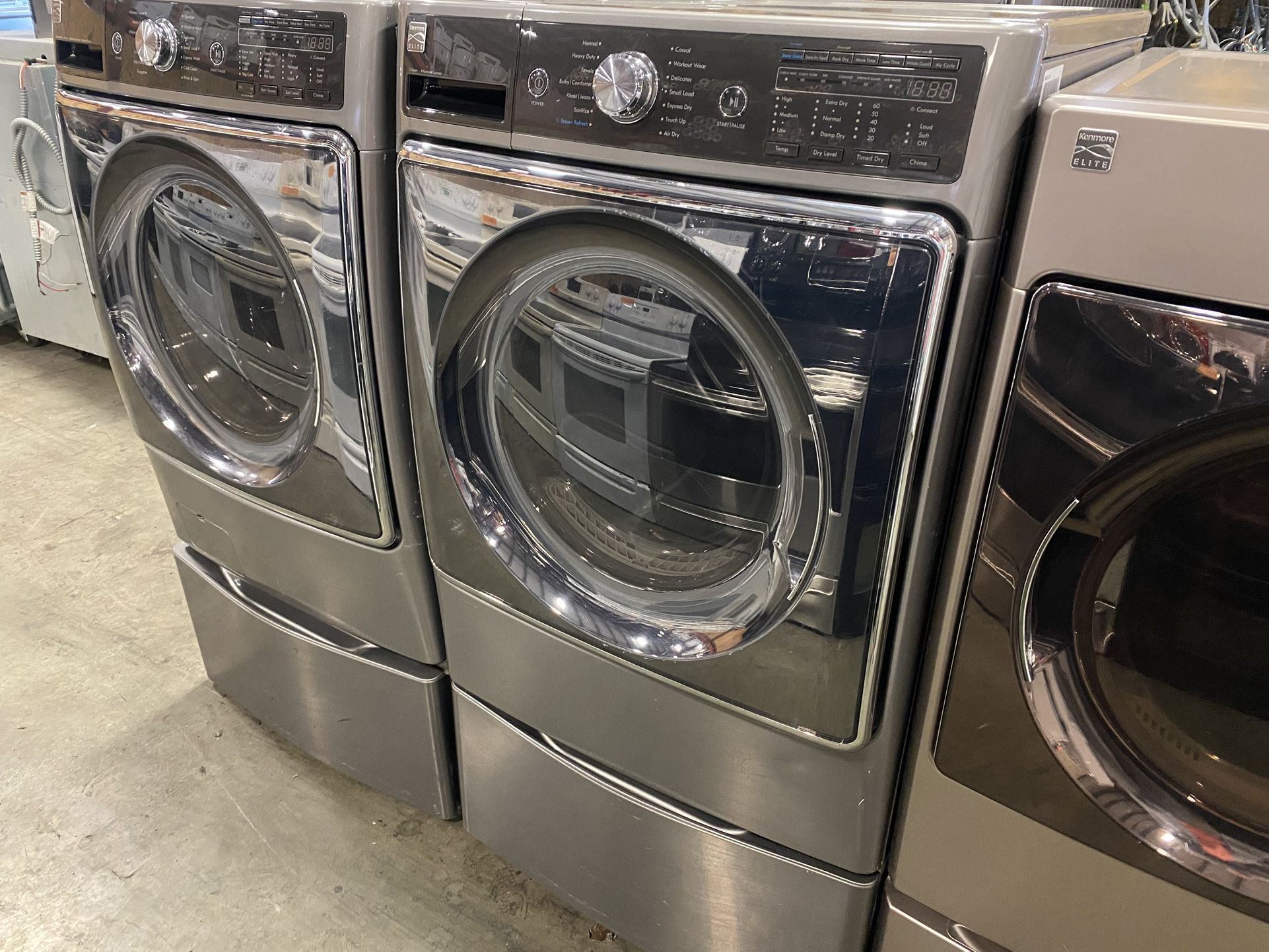 KENMORE ELITE XL WASHER AND DRYER SET ELECTRIC WORKS GREAT PEDESTALS ATTACHMENTS WARRANTY
