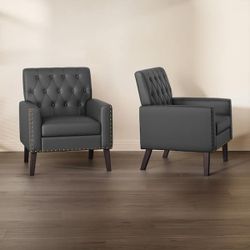 Dark Gray PU Faux Leather Accent Arm Chair Comfy Living Room Chairs for Bedrooms(Set of 2)
