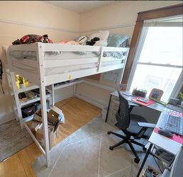 Awesome white full loft bed with attached shelves, desk and ladder