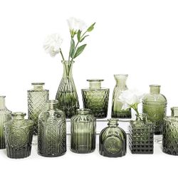 12pcs Glass Bud Vase Set, Small Green Flower Vases for Centerpieces in Bulk, Mini Vintage Vase for Wedding, Home,Table Decoration 