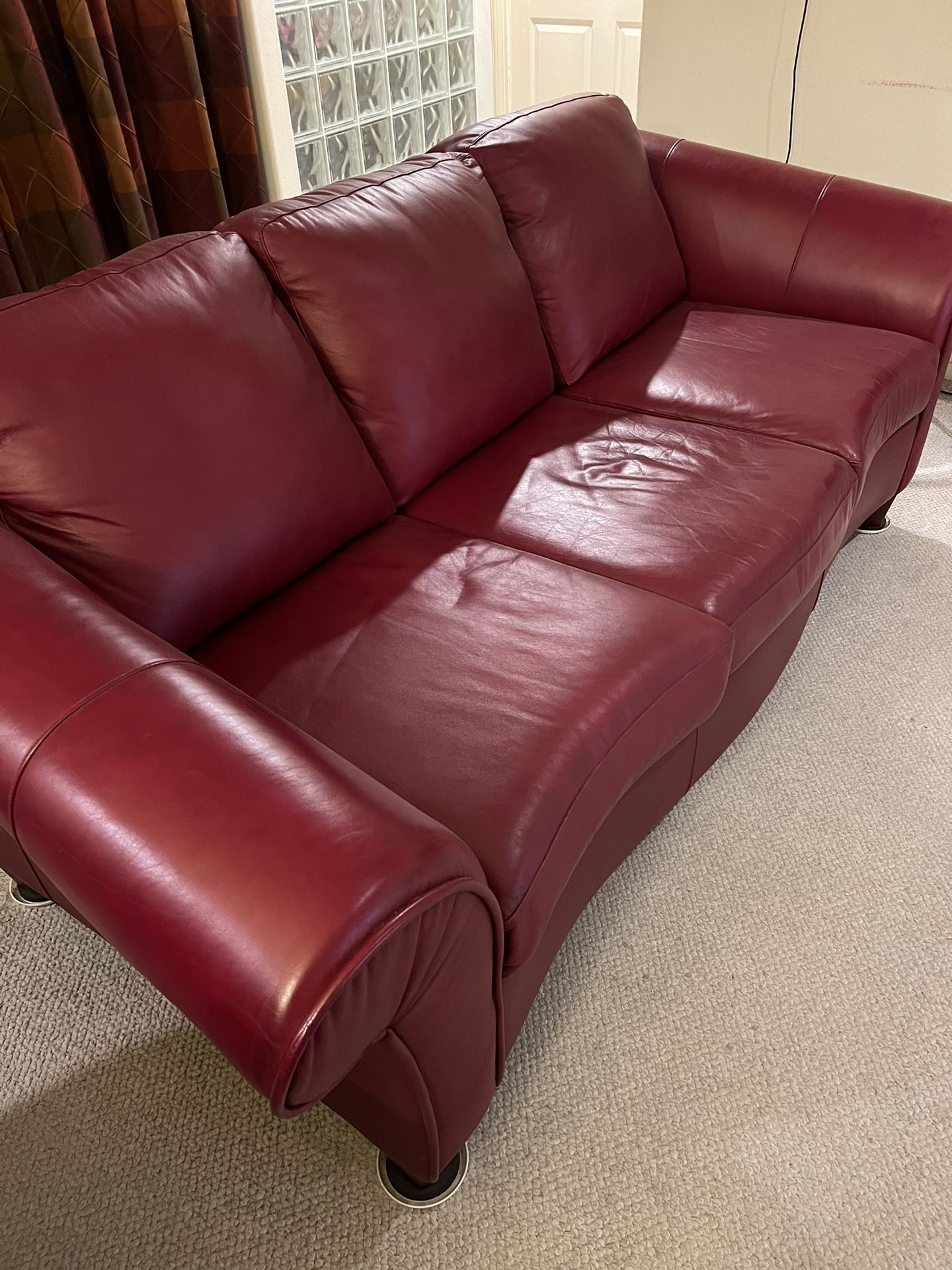 Custom Designed Merlot (Deep Red) Full Grain Leather Sofa, Loveseat & Ottoman