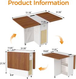 51″ Transformer Table with 6 Wheels for 2-4 with Drawer and Power Outlet  Walnut 51″ Transformer Table for 2-4, Farmhouse Foldable Dining Table with D