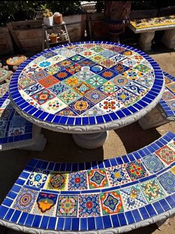 CONCRETE CEMENT TILE TABLES WITH CURVED BENCHES $850 EACH