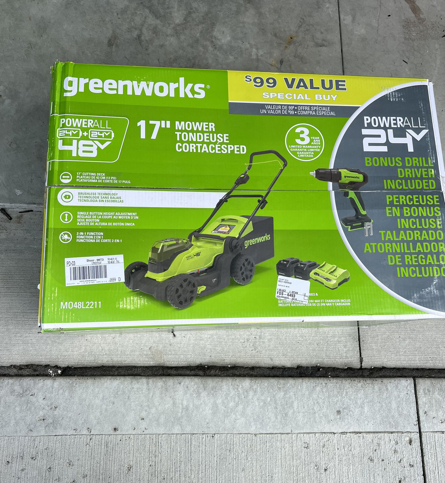 Brand New - Greenworks 48V 17" Brushless Cordless Lawn Mower + 24V Brushless Drill / Driver, (2) 4.0Ah USB Batteries (USB Hub) and Dual Port Rapid Cha