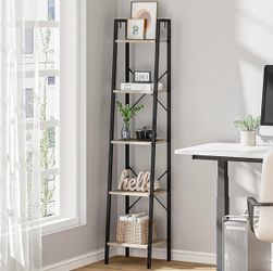 Hzuaneri Ladder Shelf, Bookshelf Bookcase, Freestanding Corner Storage Shelve with 2 Hooks for Home Office, Living Room, Kitchen, Bedroom, Industrial,