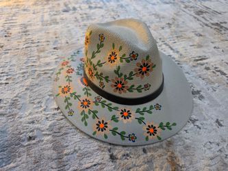 Hand-Painted Floral Palm Straw Fedora Hat – Handmade in Mexico – Size M