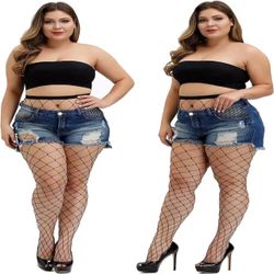 2 Pair Plus Size Fishnet Casual Black Stockings Women's Plus Hollow Out High Rise  