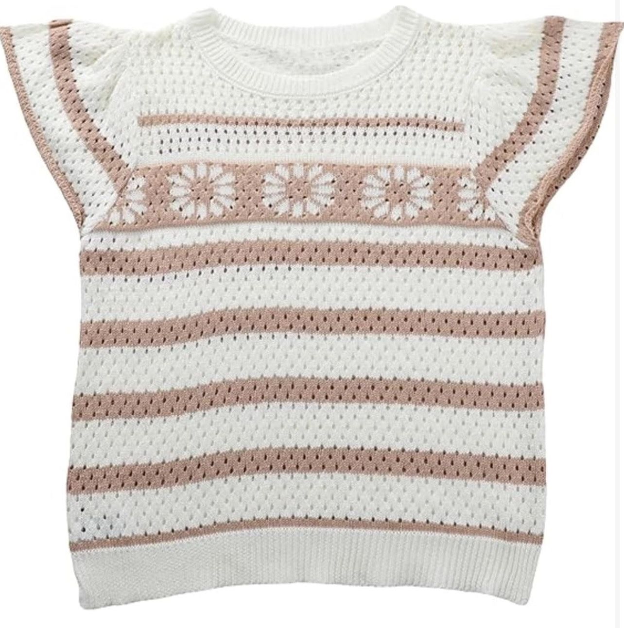 Khaki large size Women's Crochet Sweater Top Short Flutter Band Sleeve Round Neck Summer Casual Knit Vest Pullover