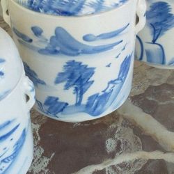 Antique Chinese Qing Dynasty Blue And White Porcelain Jar Set Rare