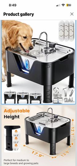 Brand New 3.17Gal/ 12L Large Dog Water Fountain Elevated Dog Bowls with 3 Filters 3-Height Adjustable Dog Water Bowl Dispenser, Quiet Stainless Steel