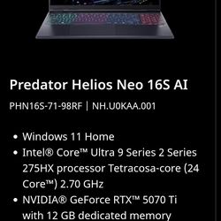 *** Acer Predator - Intel Ultra 9 - RTX 5070ti - 32GB Ram - 1TB SSD - 240hz *** $1600 Obo