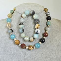Beautiful Sterling Silver Vintage Handmade Amazonite Gemstone 13mm Bead Necklace and Bracelet Set 