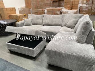 NEW Sectional Sofa Chaise SET FREE STORAGE OTTOMAN Light Grey Fabric Ashley Style Designer Choice Discount Furniture Warehouse Modern IKEA BIG SALE