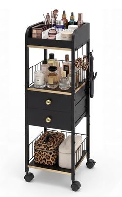 Makeup Organizer Cart with 2 Wooden Drawers and 8 Dividers，Black Glod - B339