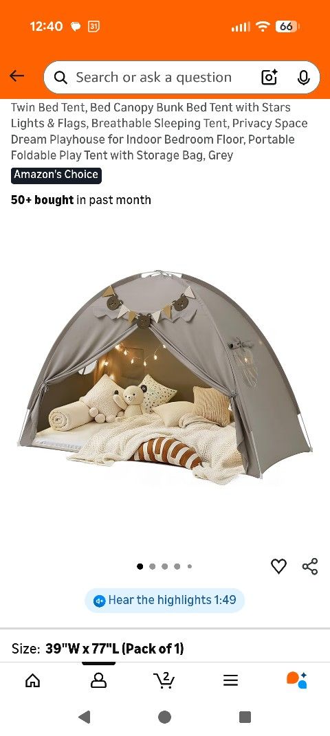 Twin Bed Canopy Tent With Stars Lights, Storage Bag -UNOPENED