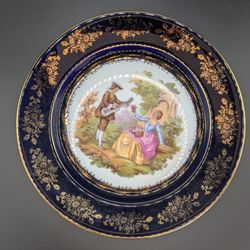 Limoges Cobalt Blue 22k Gold Accented Porcelain Plate - Courting Couple