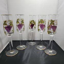 Wine Glasses W/ Grapevine Embossed W/ Gold Handpainted Vintage Lot Of 5 (JQ)