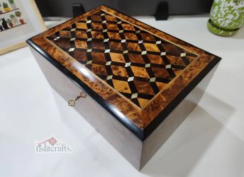 Hand-carved Thuya Burl Jewelry Box, 8x12" Moroccan Wooden Storage